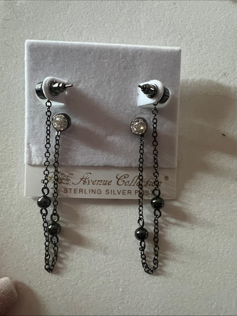 Hematite Drop Chain Earrings - Black - double piercing